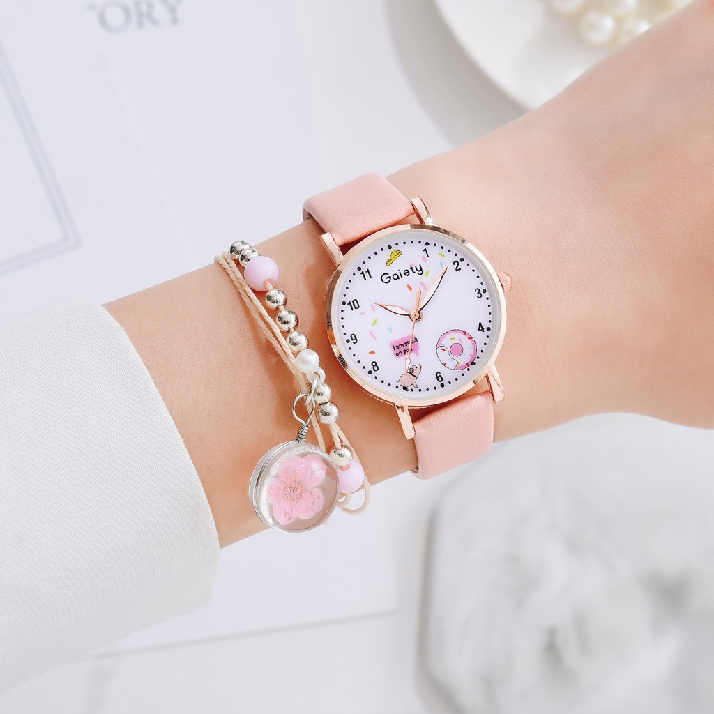 Đồng hồ nữ LVPAI mặt tròn in hình hoạt hình phong cách Hàn Quốc