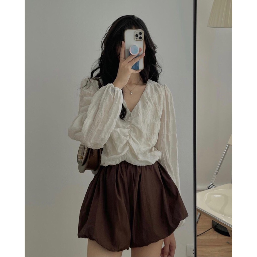 Set áo bèo xốp nhăn dáng croptop chun ngực kèm quần boom bo gấu ulzzang