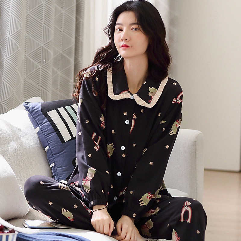 Đồ bộ pijama nữ mặc ở nhà mùa thu đông, chất liệu 100% thoáng khí