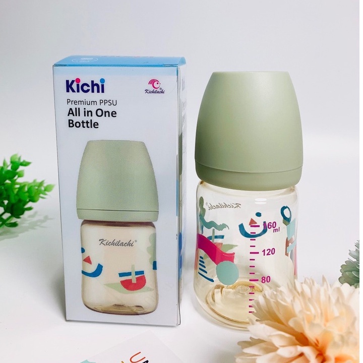 Bình sữa cổ rộng CẢM BIẾN NHIỆT bằng PPSU cao cấp kèm núm ti siêu mềm cho bé KICHILACHI hình mây 170ml/270ml
