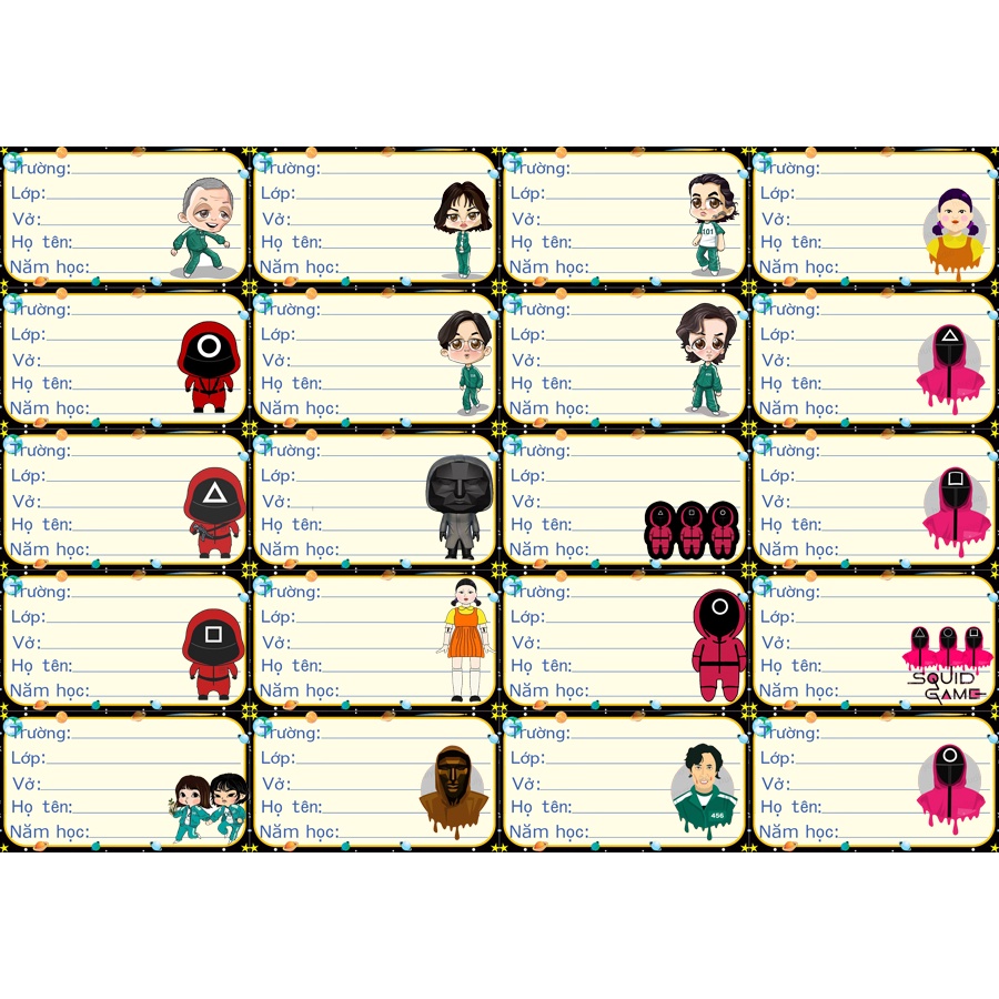 nhãn vở game squid TRÒ CHƠI CON MỰC nhiều mẫu combo 20 nhãn