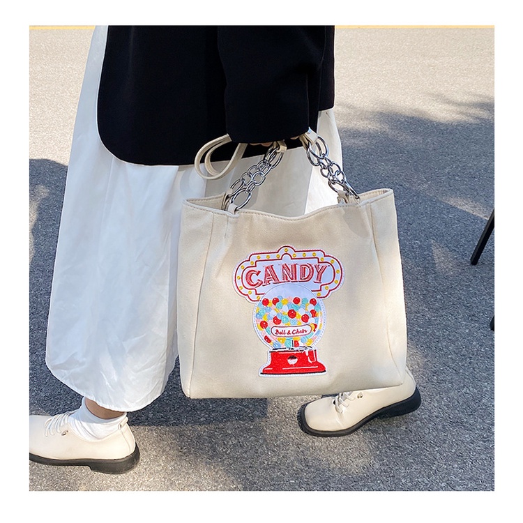 Túi Tote Đeo Vai Mùa Hè Bằng Vải Bạt Kích Thước Lớn Thêu Hình Bánh Donut Phong Cách Hàn Quốc Mới 2022