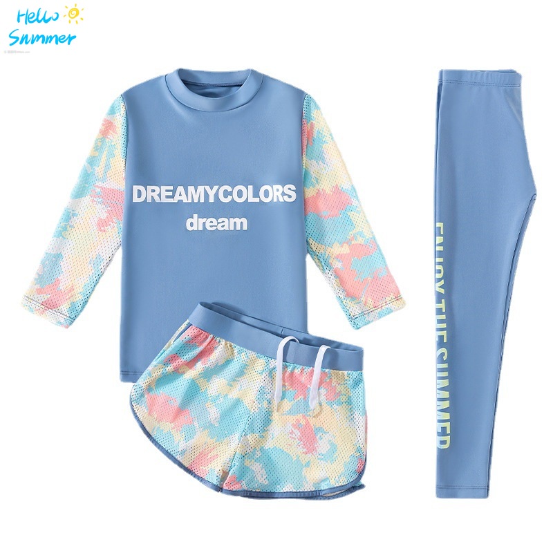 Bộ Đồ Bơi Ba Mảnh Áo Tay Dài + Quần Đùi Phong Cách Thời Trang Mới 2022 Dành Cho Bé Gái