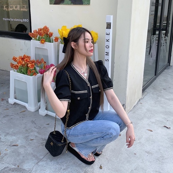 Áo dệt kim ZHELIHANGFEI tay ngắn cổ chữ V thời trang xinh xắn cho nữ