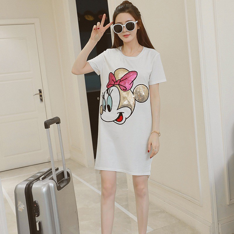 Đầm thun ngắn tay đính kim tuyến hình hoạt hình dễ thương cho nữ