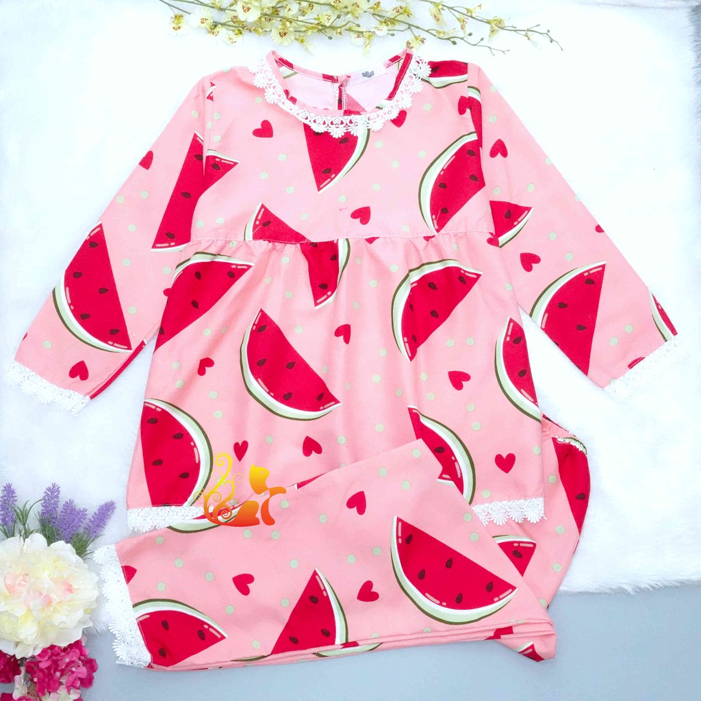 Đồ Mặc Nhà "Dưa hấu - Tim" Kiểu Baby Doll Kate Thái Tay Dài - Dưới 58kg.
