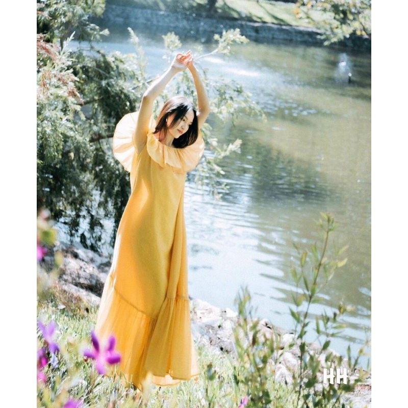 Váy tơ trễ vai maxi hai lớp