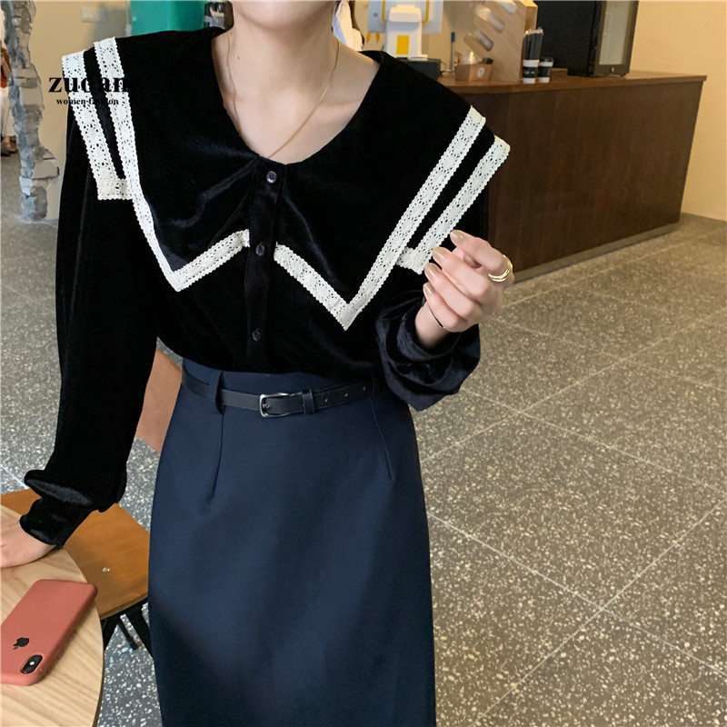 SUXI Korean Round Neck Black Velvet Splicing Long Sleeve Women's Blouse