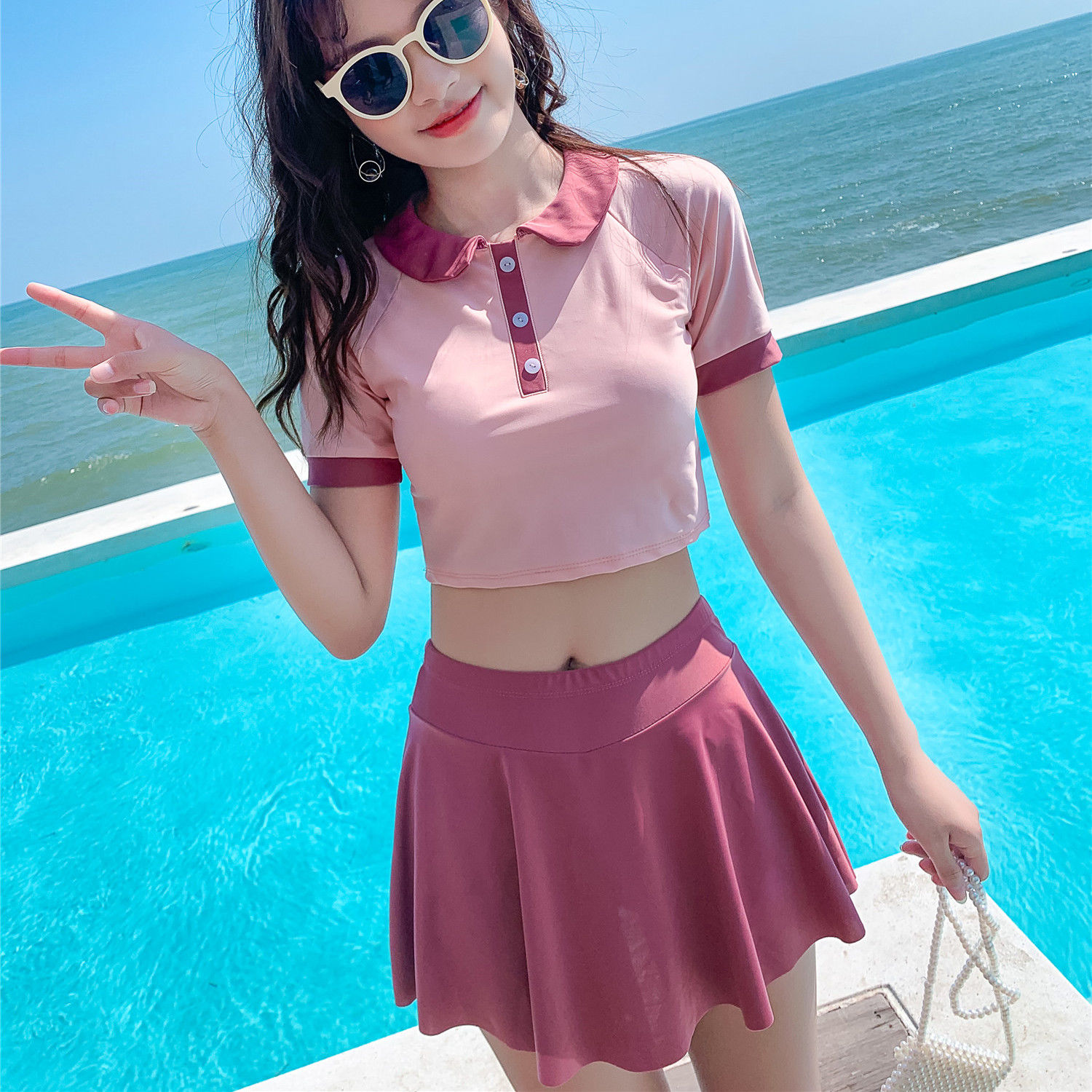 Đồ Bơi Bikini 2 Mảnh Cao Cấp Màu Hồng Ngắn Tay Bộ Bơi Hàn Quốc | BigBuy360 - bigbuy360.vn