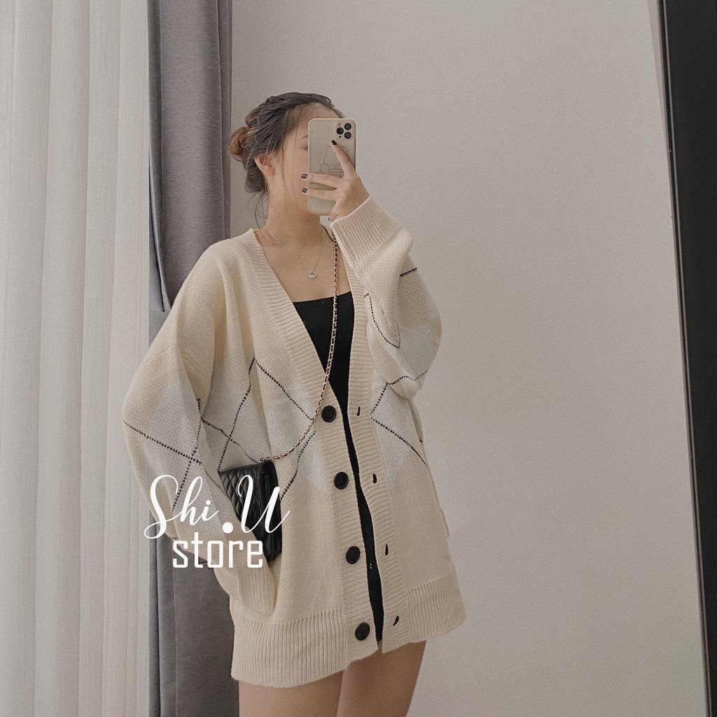 Áo Khoác Len Cardigan Tay Dài Kẻ Caro Quả Trám Dáng Rộng Ulzzang Hàng QC Chất Dày Mịn | BigBuy360 - bigbuy360.vn