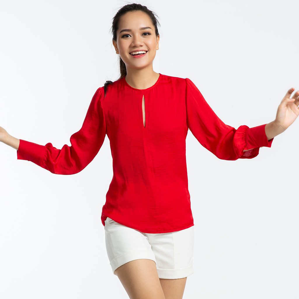 Áo Satin Lụa Áo Kiểu Tay Dài Thời trang thiết kế Hity TOP103 (Đỏ Flame Scarlet)