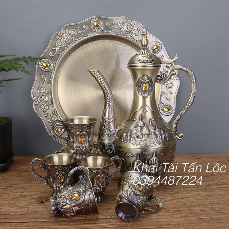 Bộ bình ly rượu đồng kiểu cổ phong cách Ba Tư 8 món