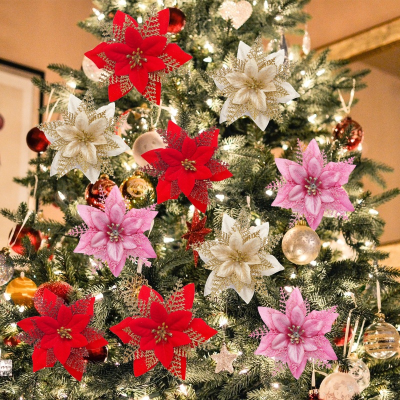 Set 5 Bông Hoa Nhân Tạo 15cm Kèm Kẹp Gắn Trang Trí Cây Thông Giáng Sinh