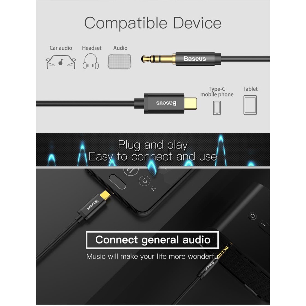 Cáp chuyển đổi type C sang jack 3.5 Baseus Cable Yiven Type-C male To 3.5 male Audio Cable M01