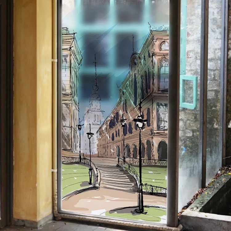 Decal trang trí kính cao cấp mẫu thành phố Cổ (60cm x 116cm)