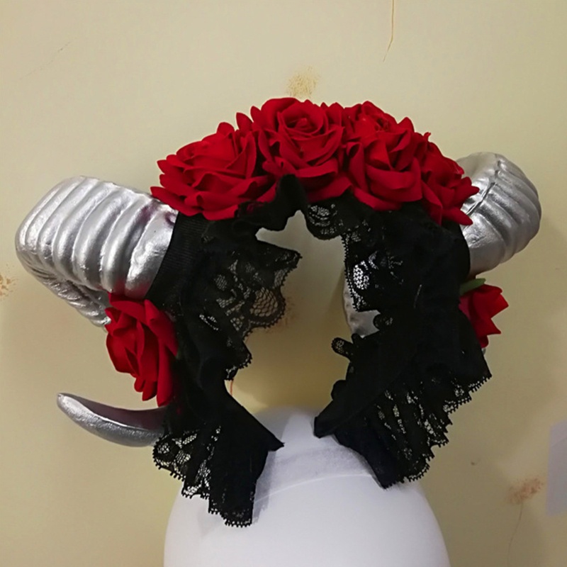 Băng Đô Cài Tóc Hình Sừng Cừu Đính Hoa Phong Cách Halloween