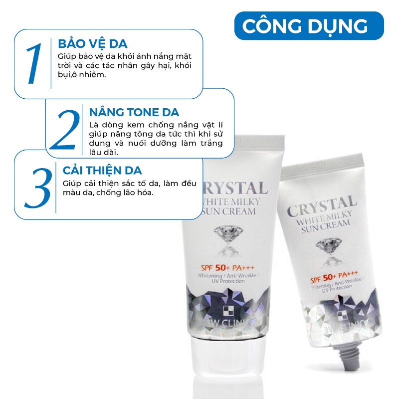 Kem Chống Nắng 3W CLINIC CRYSTAL WHITE MILKY SUN CREAM SPF 50/ PA +++ Hàn Quốc 50ml | BigBuy360 - bigbuy360.vn