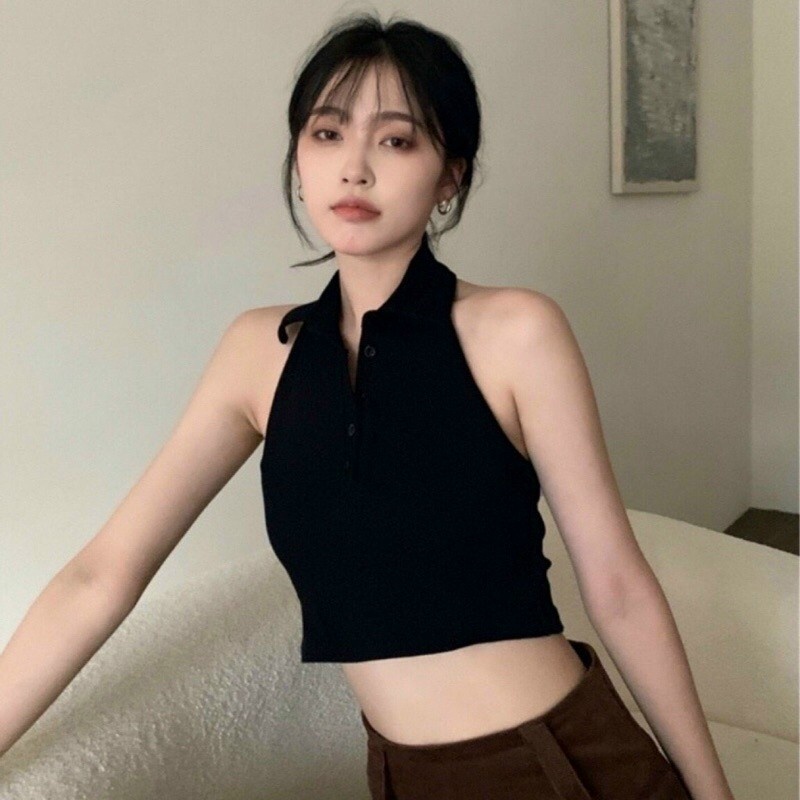 Áo Kiểu Nữ Ba Lỗ Croptop Cổ Bẻ Có Nút