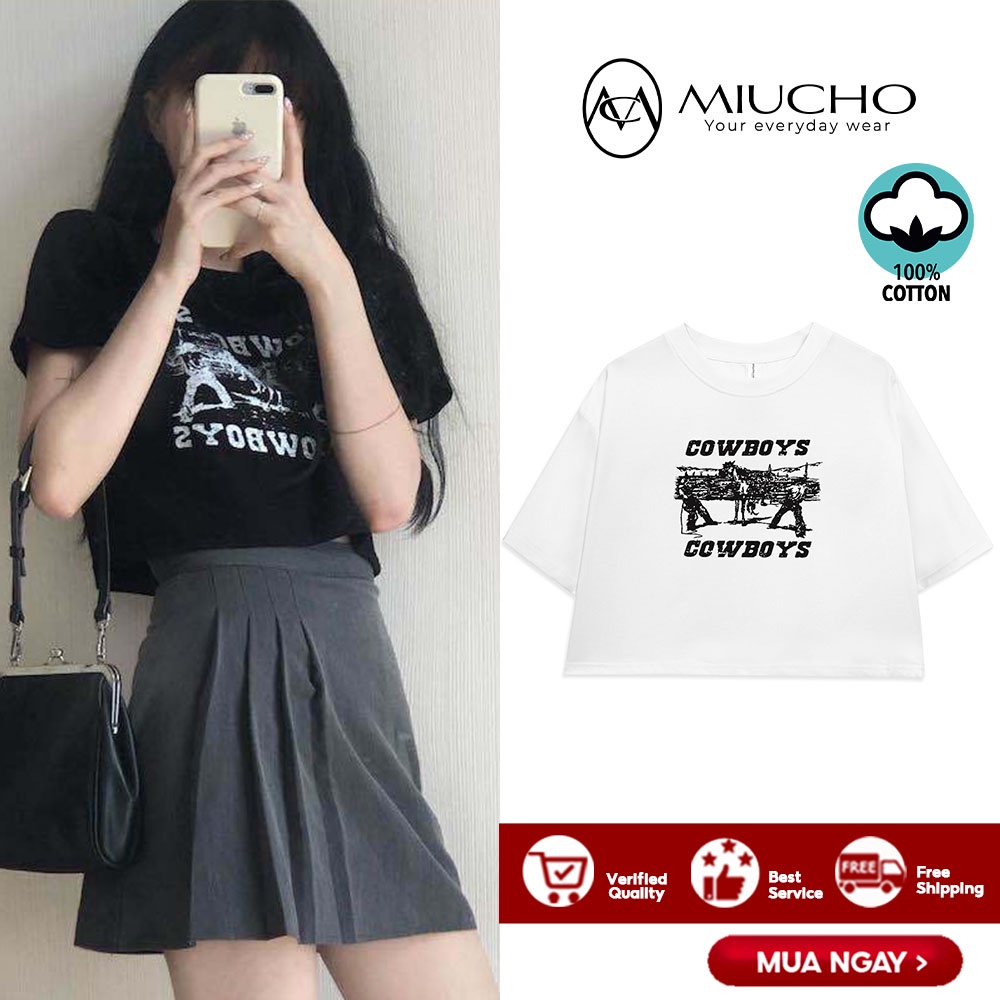 Áo croptop nữ tay ngắn cổ tròn vải thun cotton kiểu hàn quốc CR045 Miucho in hình hoạ tiết