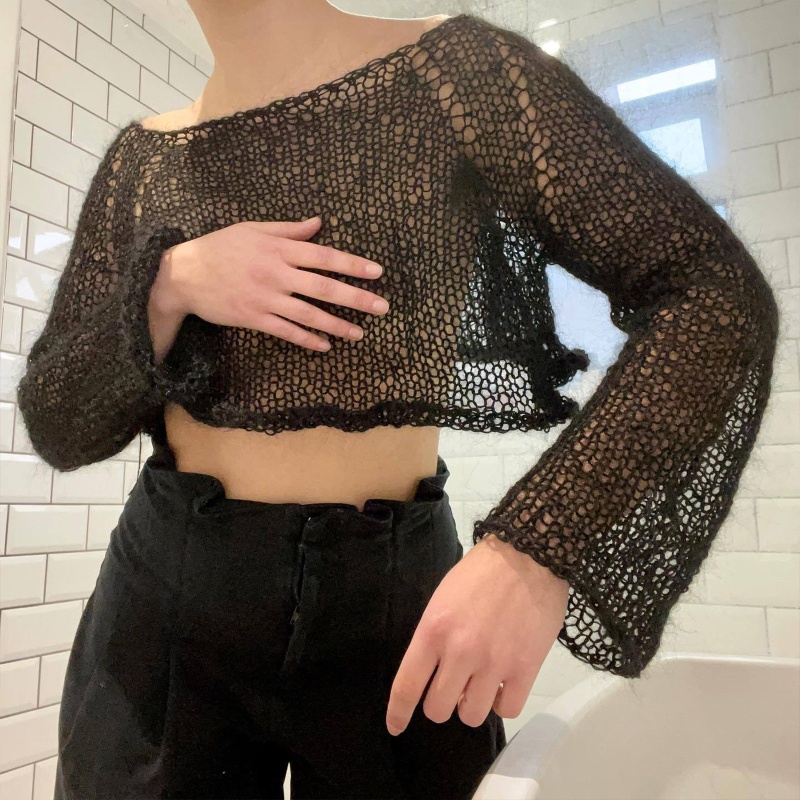 Áo Croptop Dệt Kim Tay Dài Dáng Ôm Thời Trang Mùa Hè Cho Nữ