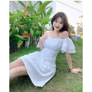 Váy trễ vai nữ, đầm trễ vai tay bồng dáng xòe tiểu thư có khoá lưng