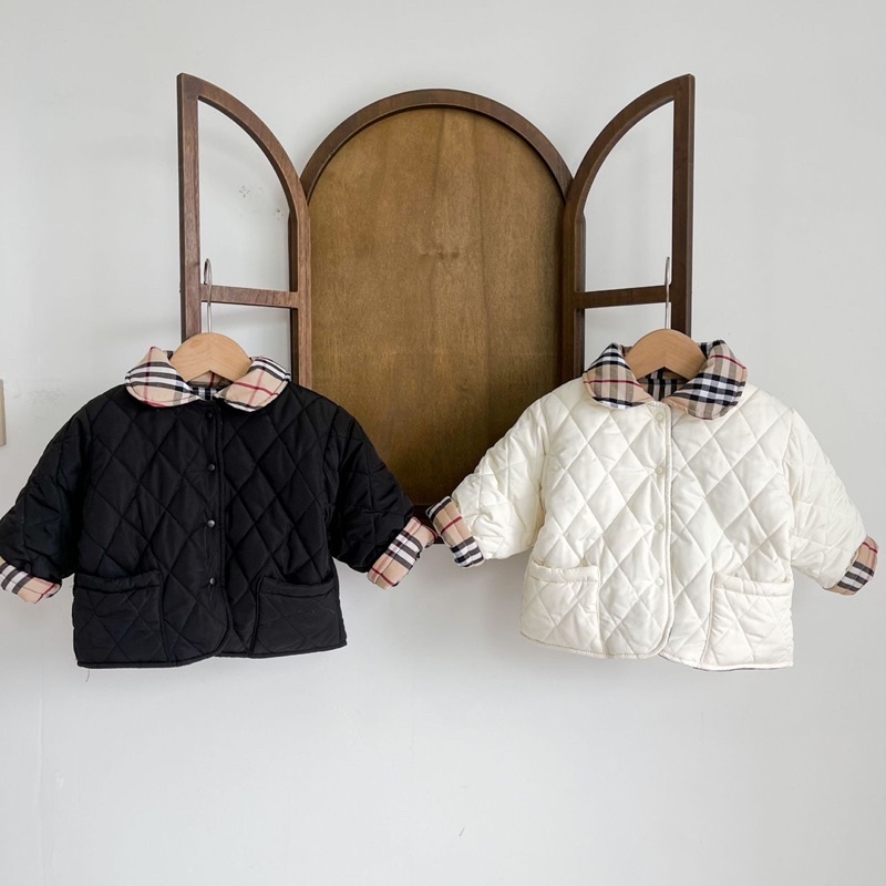 ▼✗♤Áo khoác phao trần trám phối cổ burberry xinh xắn đáng yêu cho bé trai gái mặc đi học chơi size từ 0 đến 3 tuổi