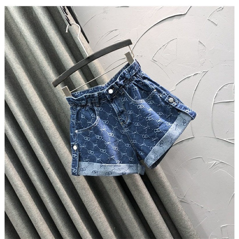 Quần short denim ống rộng eo cao in họa tiết thời trang cho nữ