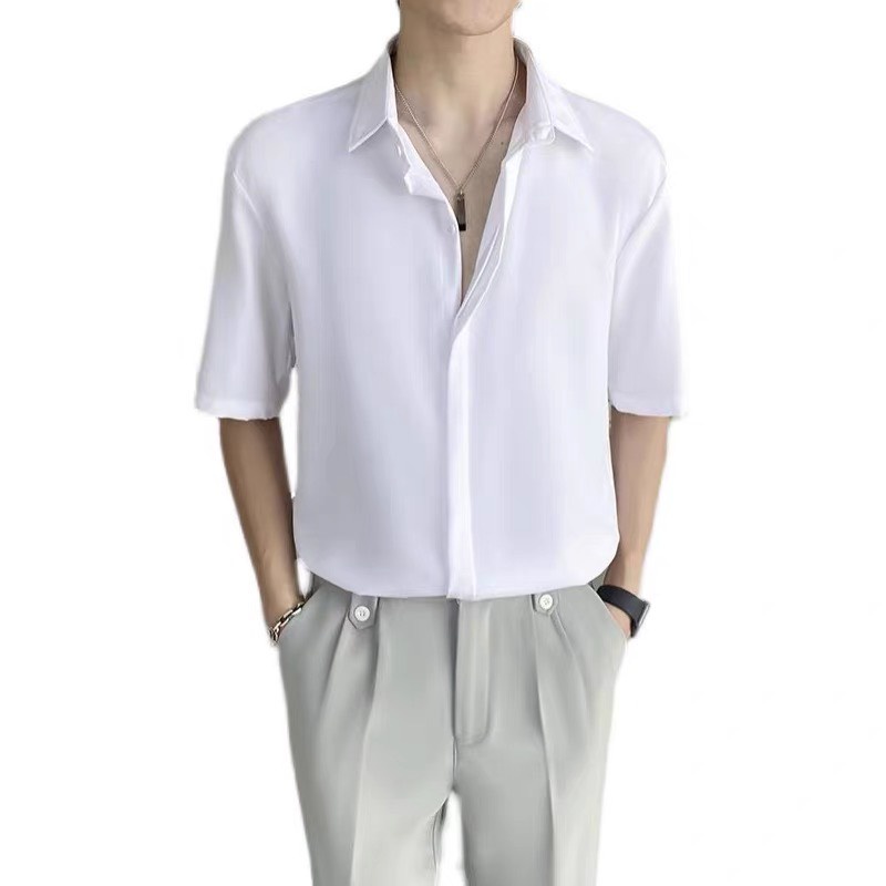 Áo sơ mi nam giấu cúc fom rộng Unisex vải mềm mượt co giãn nhẹ sơ mi che nút nam tay ngắn mẫu mới mã TN 27