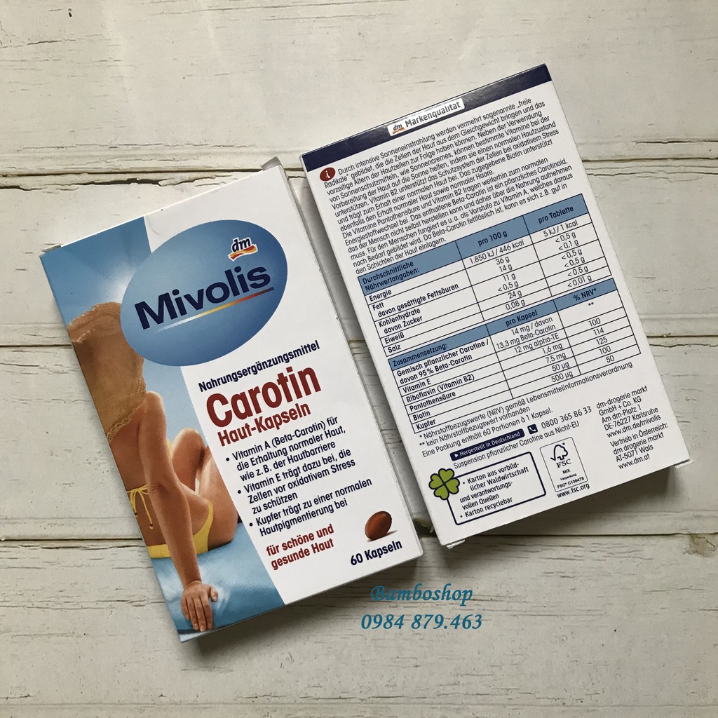 Viên chống nắng Mivolis Carotin 60v, giúp bảo vệ làn da khỏi ánh nắng từ trong ra ngoài, giữ làn da luôn trắng sáng. | BigBuy360 - bigbuy360.vn