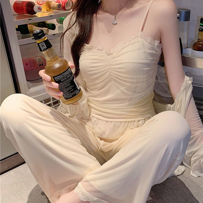 Bộ đồ ngủ ba món phối ren màu trơn thời trang xuân thu cho nữ (có bán lẻ)