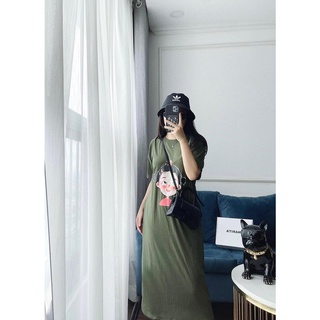 Đầm cotton xanh rêu in hình cô gái dài 115cm