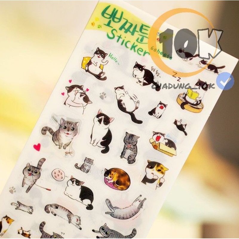 (Bộ 6 tờ) Sticker Dán Hình Mèo Siêu Cute 9*18cm Dùng Dán Trang Trí Sổ Sách Điện Thoại