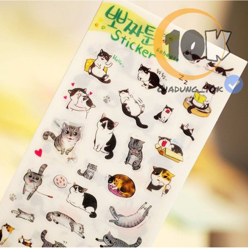 (Bộ 6 tờ) Sticker Dán Hình Mèo Siêu Cute 9*18cm Dùng Dán Trang Trí Sổ Sách Điện Thoại (d5)
