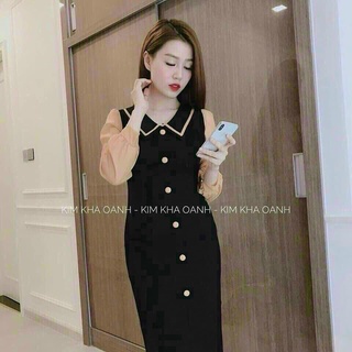 Đầm tay lưới đính nút siêu đẹp chất liệu cát hàn phối voan mềm mịn fashionzero - 60155