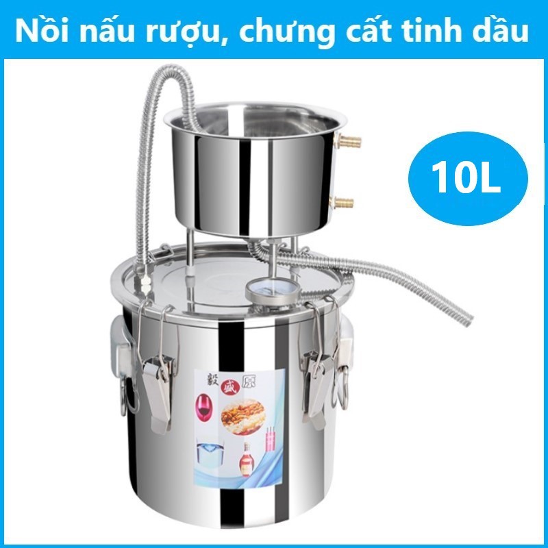 Nồi chưng cất tinh dầu Inox 10L (tặng kèm máy bơm mini) Nồi nấu rươu đa năng, nồi hấp xôi, nồi luộc gà hầm canh