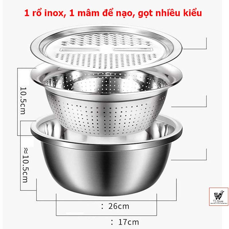 Bộ bào rau củ kiêm rổ và chậu Inox cao cấp đa năng 3 trong 1 (RỔ 3)