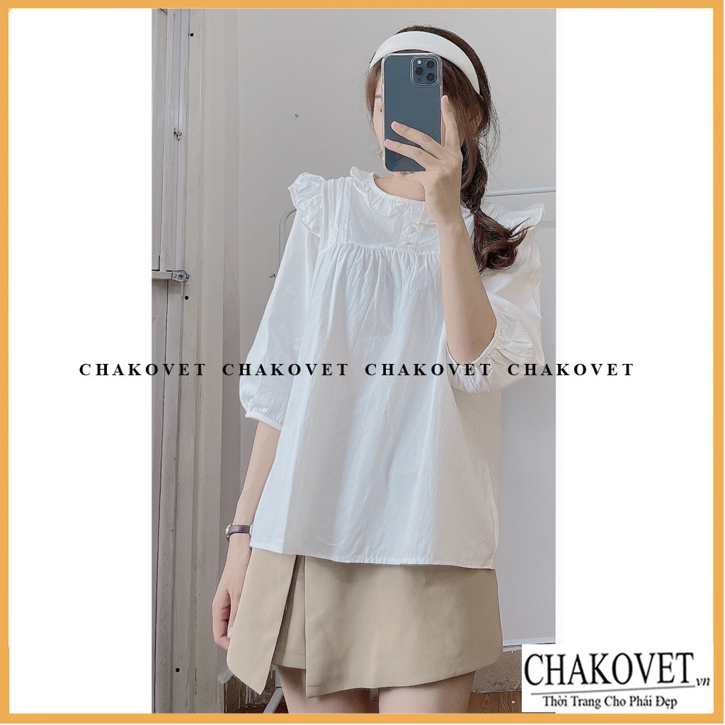 Áo babydoll tay lỡ 2 cúc bọc cka803, kiểu áo sơ mi nữ cao cấp cổ tròn bèo màu trắng phong cách ulzzang đẹp dễ thương | BigBuy360 - bigbuy360.vn