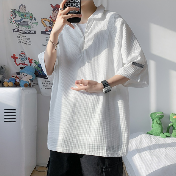 Áo Thun Polo Tay Ngắn Dáng Rộng Màu Trơn Có Khóa Kéo Thời Trang Phong Cách Hàn Quốc Cho Nam Giới