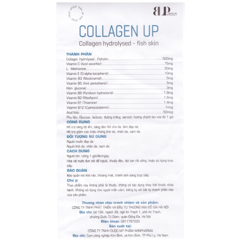 Collagen Cá Tuyết, Collagen Up BP Beauty Lab Pharma P, PureBeauty 30 gói/tháng