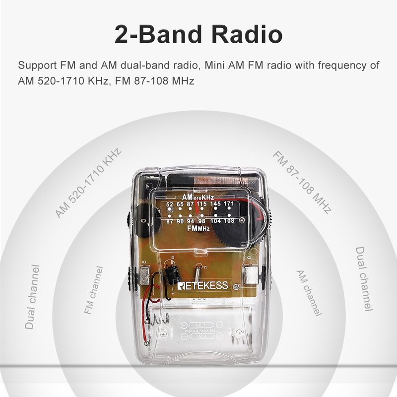 Máy Radio RETEKESS TR624 trong suốt nhỏ gọn hỗ trợ điều chỉnh âm thanh AM FM