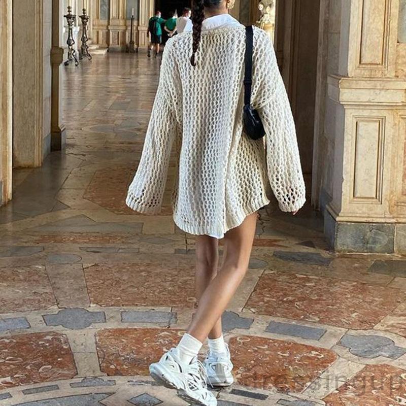 Áo kiểu dệt kim tay dài cổ tròn dáng rộng thiết kế lưới cá quyến rũ cho nữ