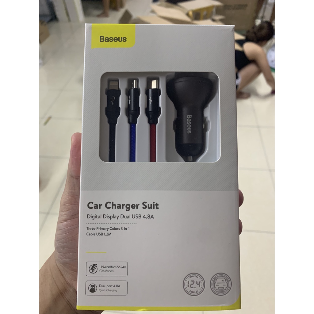 Tẩu sạc Baseus USB 4.8a 24w cho xe hơi kèm cáp sạc 3 trong 1 dài 1.2m