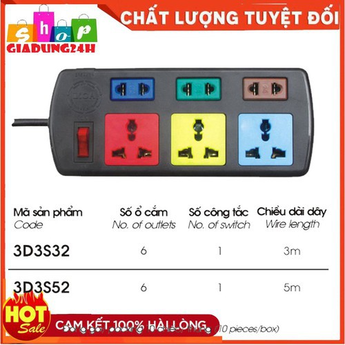 Ổ cắm LIOA 6 ổ đa năng dài 3-5m có công tắc - 3 ổ ba chấu 3 ổ hai chấu 2000W - model: 3D3S-Giadung24h - dq35kg