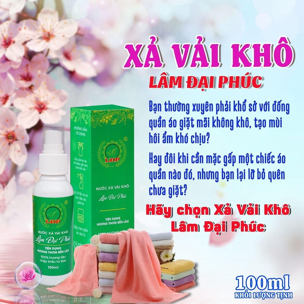Xịt thơm quần áo xả vải khô Lâm Đại Phúc khử mùi làm mềm vải lưu hương lâu 48h 100ml