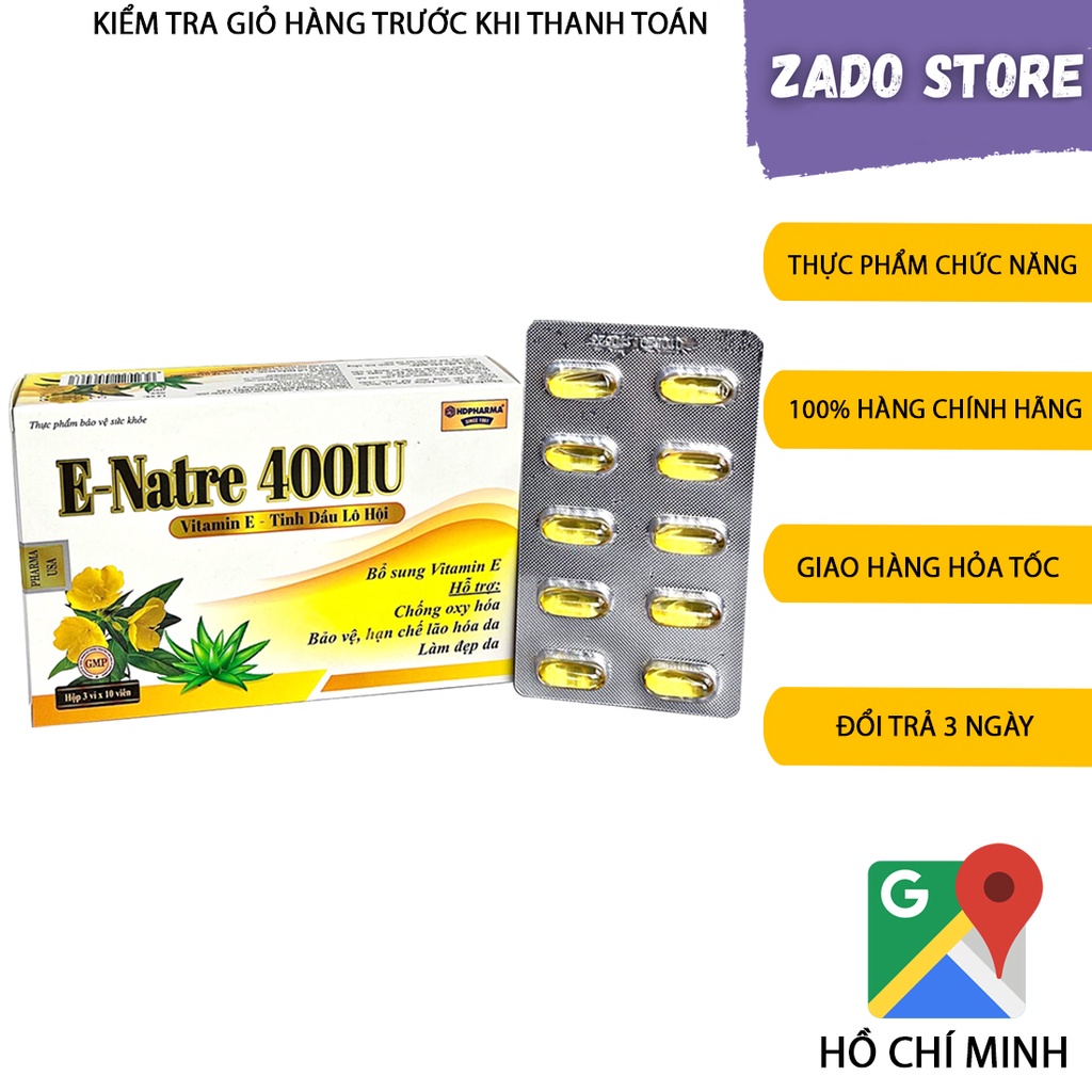 Viên uống E-Natre 400IU vitamin E chống lão hóa giúp dưỡng trắng da mặt hỗ trợ phục hồi da làm mờ sẹo tái tạo da 30 viên