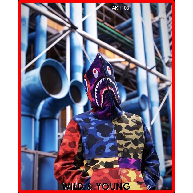 (HOT SALE) Áo Khoác Hoodie Nam Nữ- Áo khoác Bape Shark Cá Mập BAPE Stitching Camouflage Hoodie (AKH103)