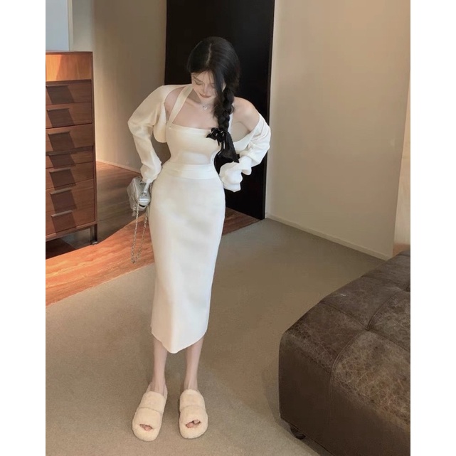 Váy body dệt kim & khoác len ngắn sang chảnh quyến rũ chất liệu len tam dày dặn chắc tay