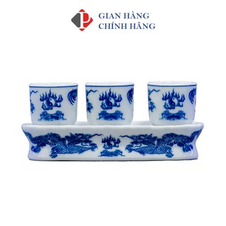 Bộ kỷ 3-5 chén rượu dáng THẲNG men Lam Trắng Trơn họa tiết RỒNG, đồ thờ cúng Phùng Gia - Gốm sứ Bát Tràng cao cấp.
