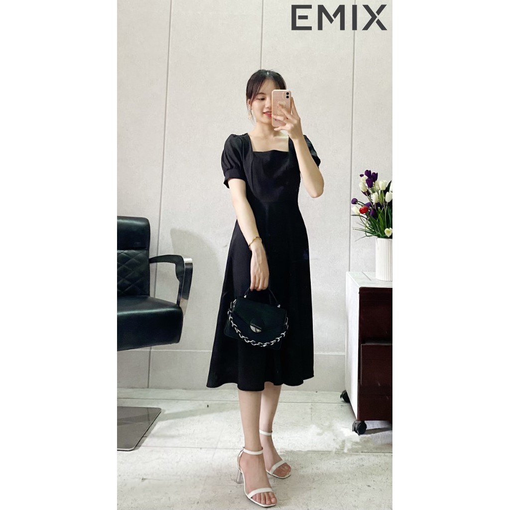 Đầm công sở nữ cổ vuông EMIX (3 màu), cộc tay, tay bồng, chất lụa nhẹ cao cấp, ít nhăn, không bai màu, không lộ | WebRaoVat - webraovat.net.vn