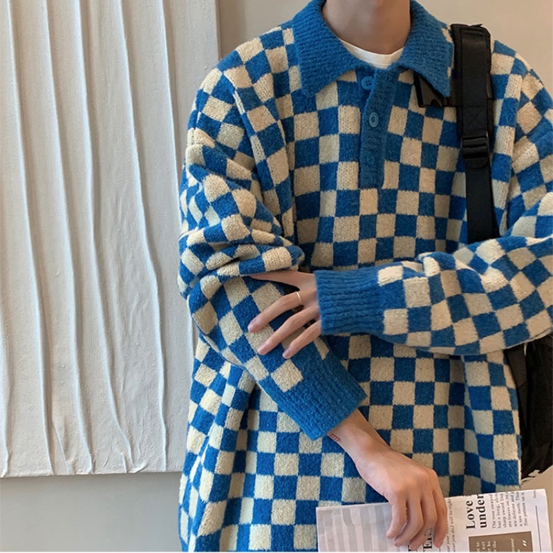 Áo len cổ polo tay dài họa tiết caro phong cách Hàn Quốc thời trang cho nam